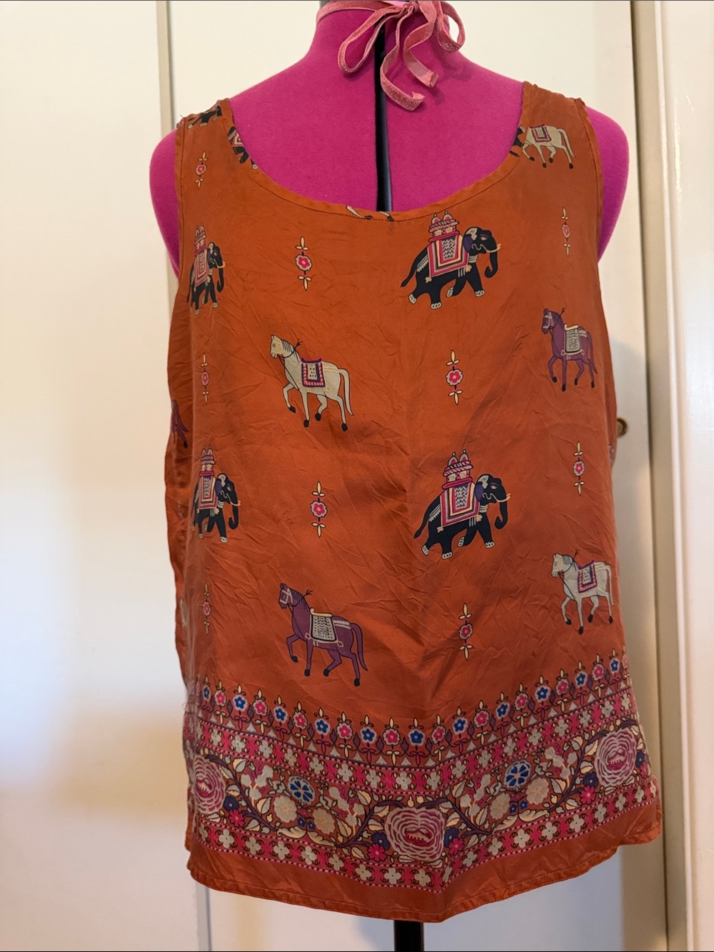 Anne Klein Burnt Orange Sleeveless Silk Tank with Animal & Boho Border